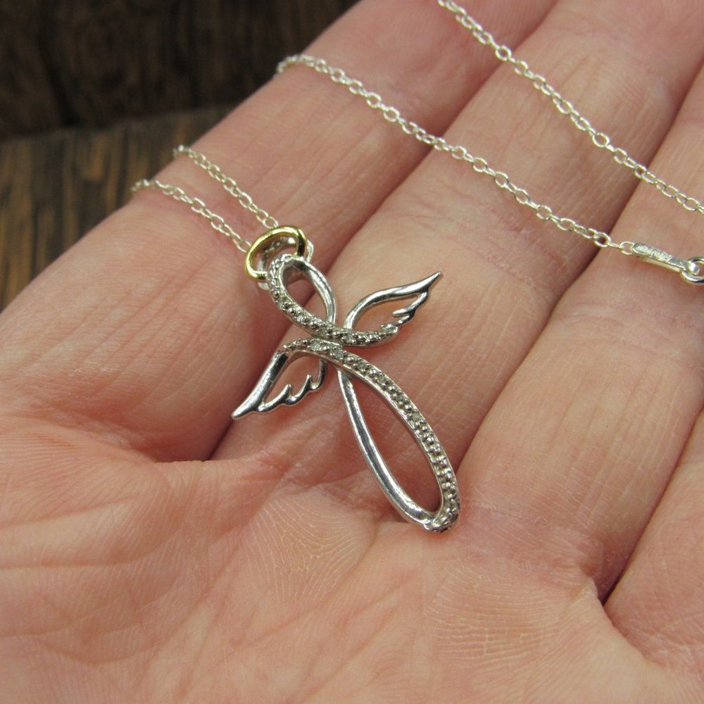 16" Sterling Silver Diamond Angel Cross Religious Necklace Vintage - Picture 3 of 7
